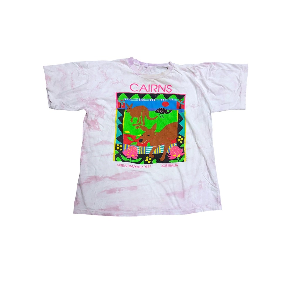 Vintage 1992 Reef Magic Cairns Australia T-Shirt XL Pink Tie Dye Kangaroo Emu